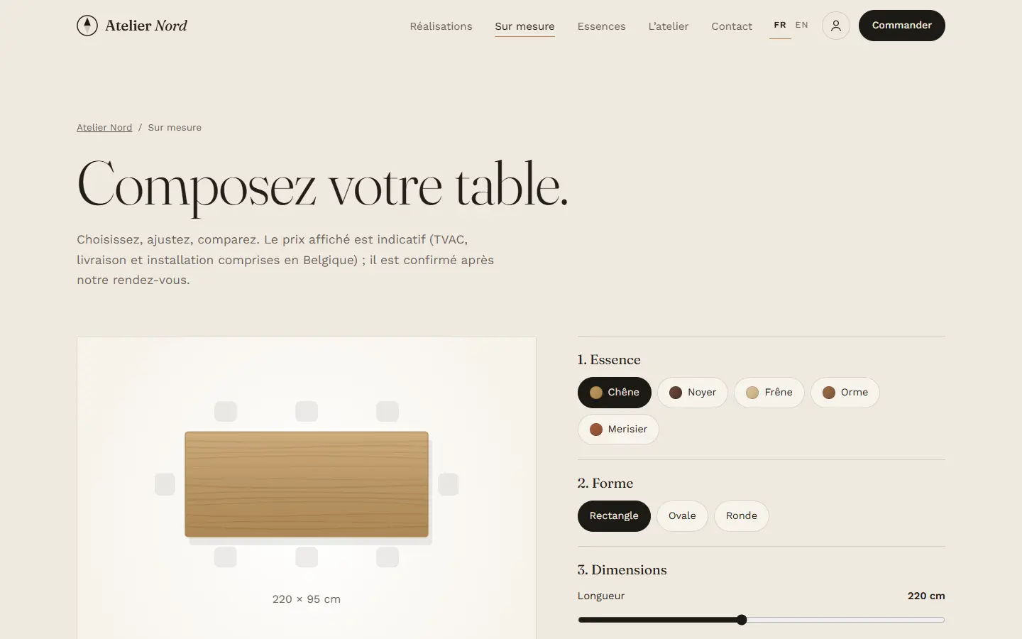 Configurateur avec prix en direct
