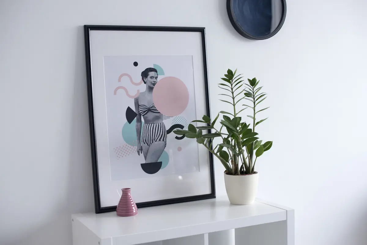 Accueil de la clinique : une console blanche, une affiche et une plante